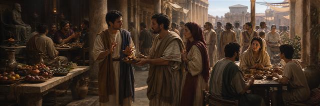 A believer declining food near a pagan banquet and sharing a simple meal with a concerned friend